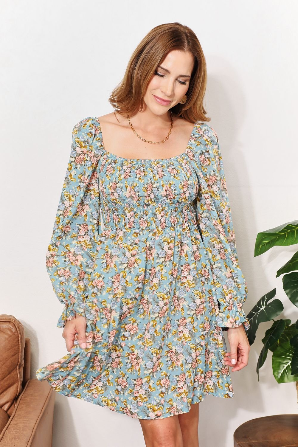Honey Floral Smocked Flounce Sleeve Square Neck Dress - -