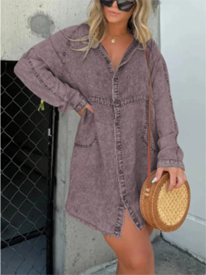 Full Size Button-Front Long Sleeve Denim Shirt Dress Plus Size - -