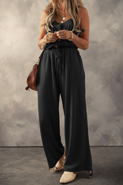 Knotted Straps Button Textured Drawstring Jumpsuit - Black -
