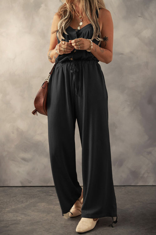 Knotted Straps Button Textured Drawstring Jumpsuit - Black -