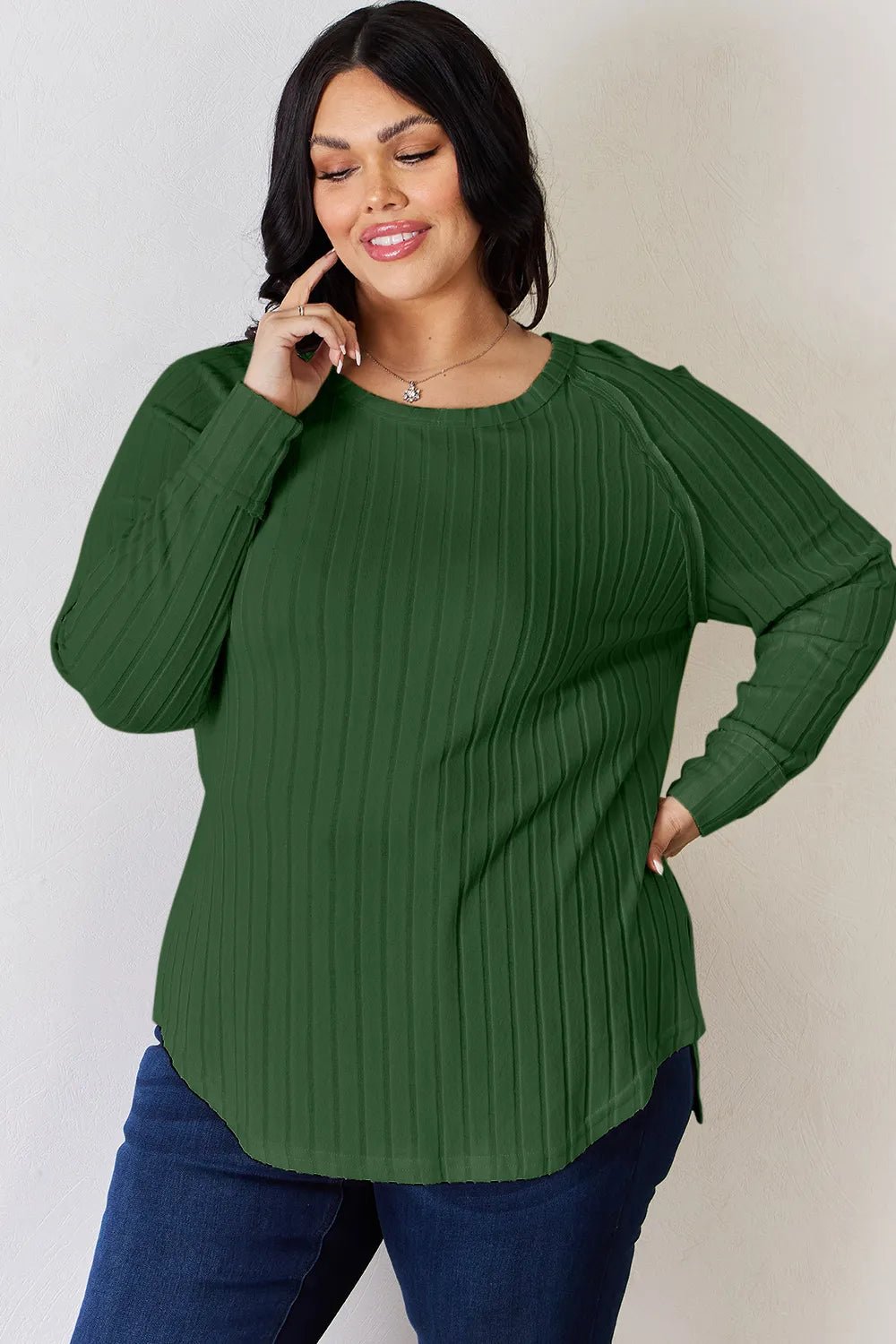 Basic Bae Full Size Ribbed Round Neck Slit T-Shirt - -