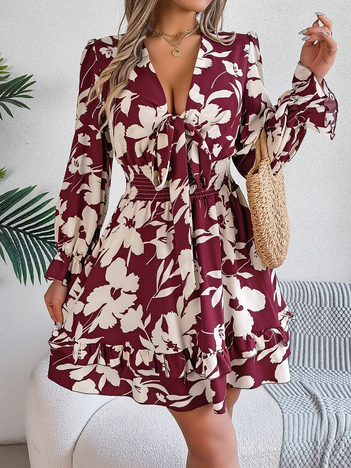 Tied Ruffled Printed Long Sleeve Dress - -