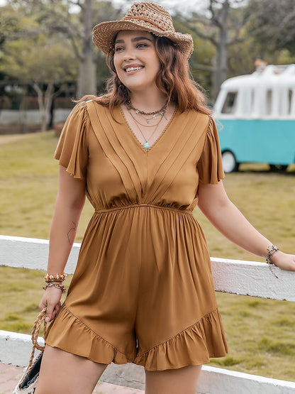 Plus Size Ruffled V-Neck Short Sleeve Romper - Caramel -