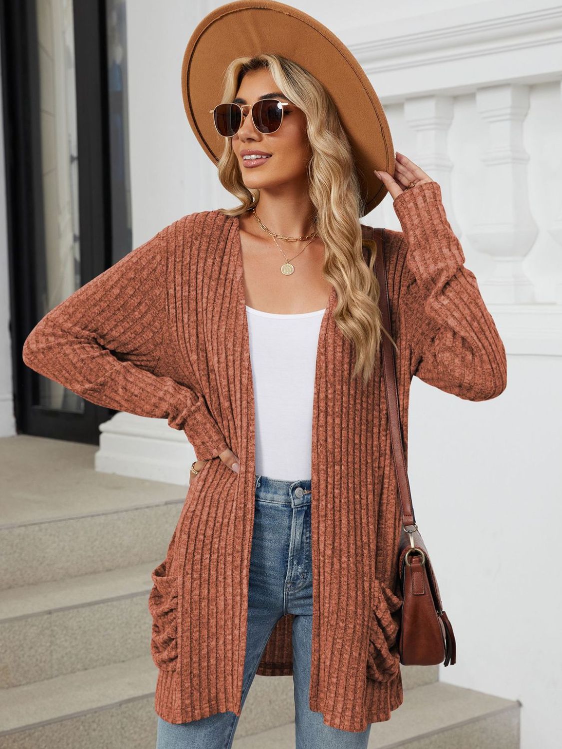 Pocketed Open Front Long Sleeve Cardigan - Ochre -
