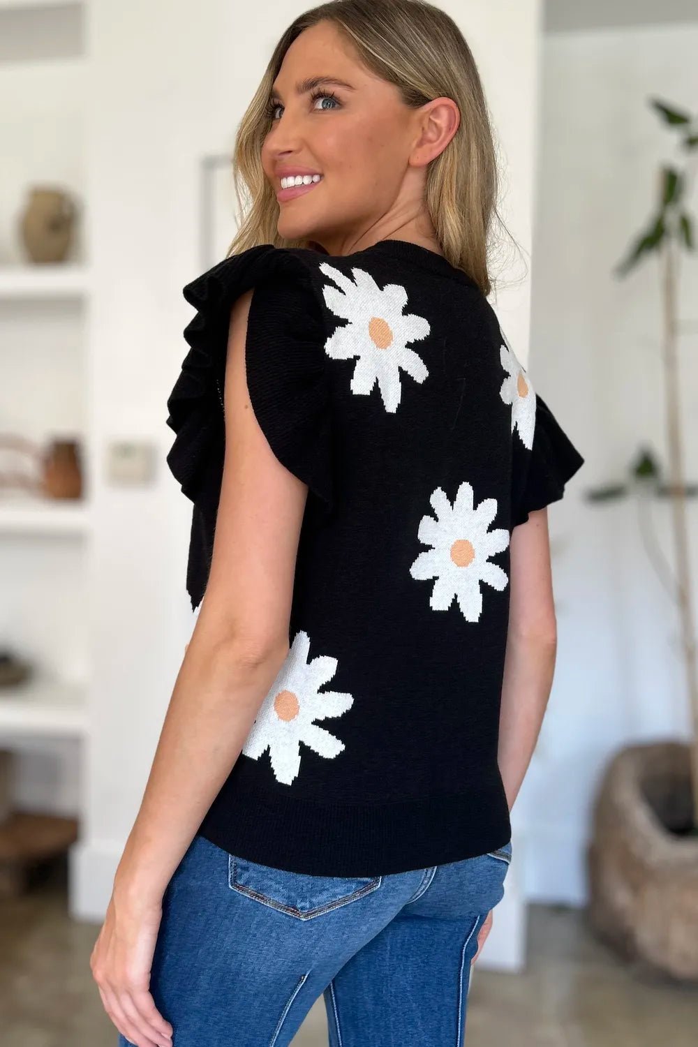 Double Take Full Size Ruffled Flower Round Neck Cap Sleeve Sweater – | Shannon’s Chique Boutique