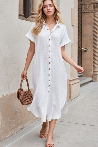 Button Down Short Sleeve Midi Shirt Dress - White -