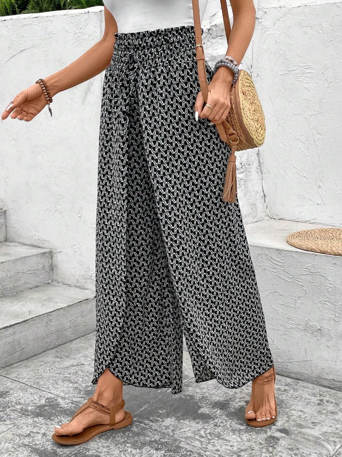 Tied Printed Wide Leg Pants - -