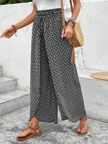 Tied Printed Wide Leg Pants - -