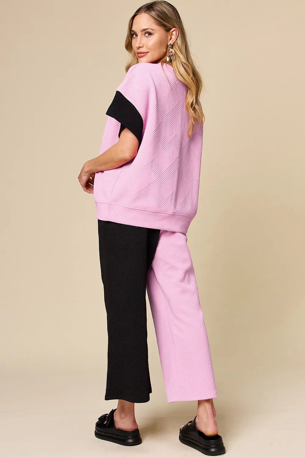 Double Take Full Size Texture Contrast T-Shirt and Wide Leg Pants Set - -