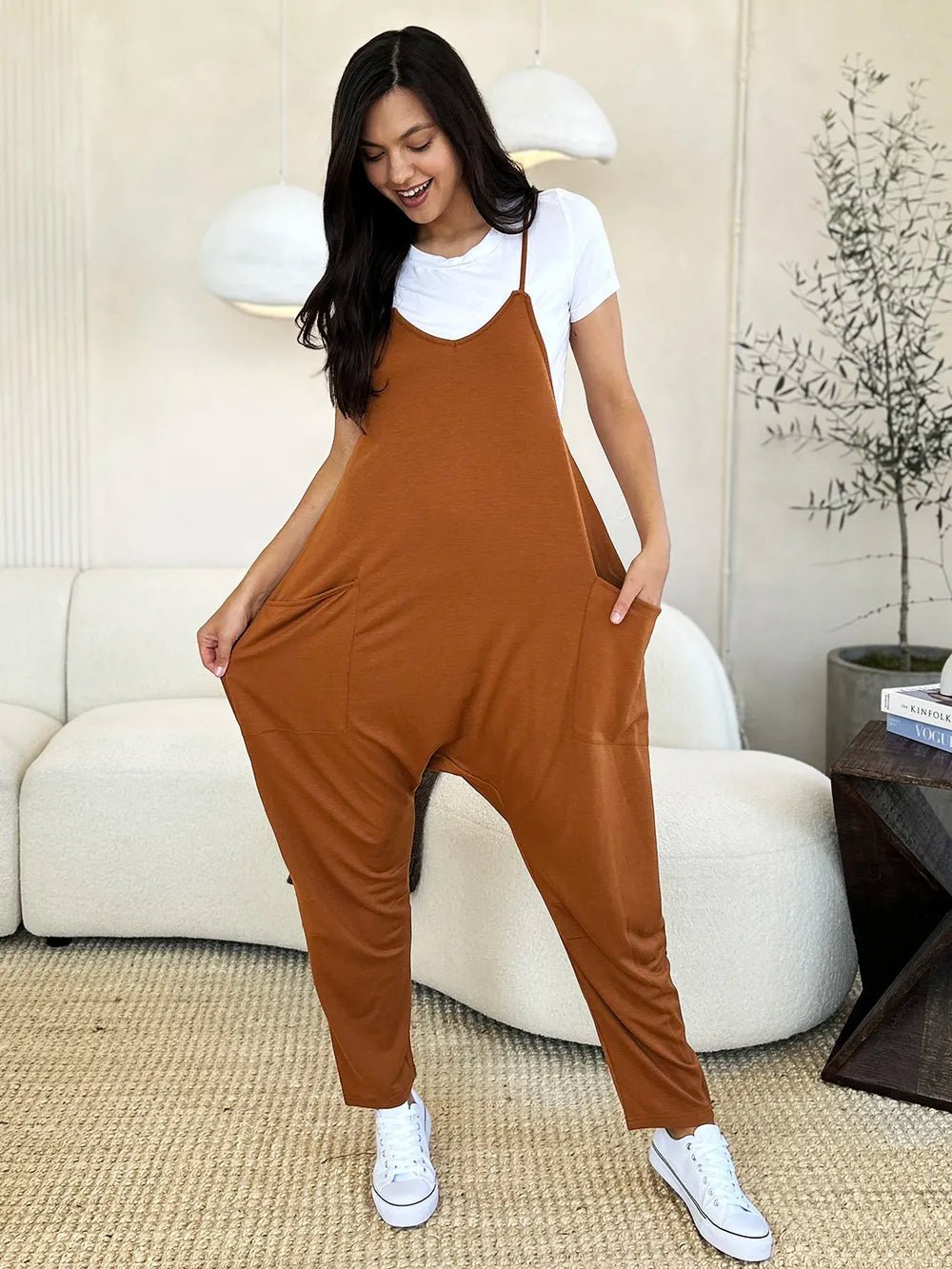 Double Take Full Size Pocketed V-Neck Jumpsuit – Plus Size, Relaxed Fit, Travel Ready - -