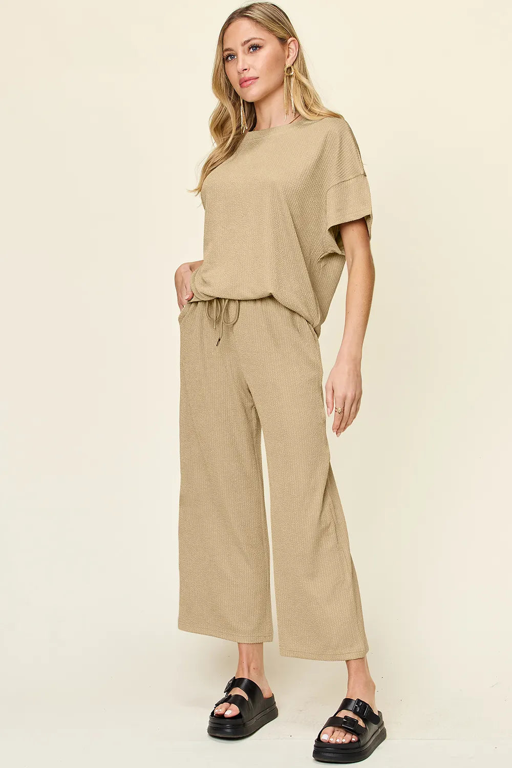 Double Take Full Size Texture Round Neck Short Sleeve T-Shirt and Wide Leg Pants - -