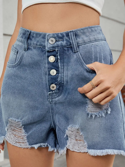 Distressed Raw Hem Denim Shorts - -