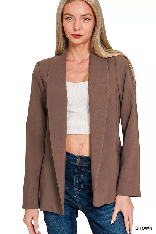 Brown open-front blazer with long sleeves and lightweight fabric.