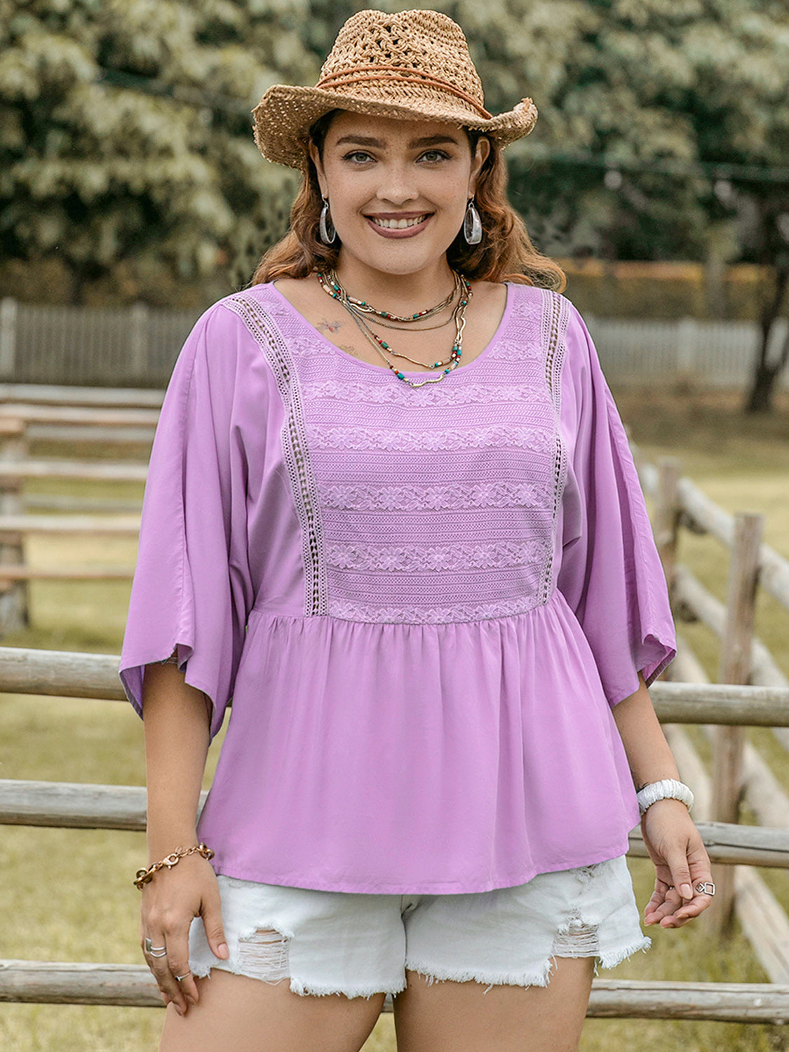 Plus Size Lace Detail Round Neck Three-Quarter Sleeve Blouse - -