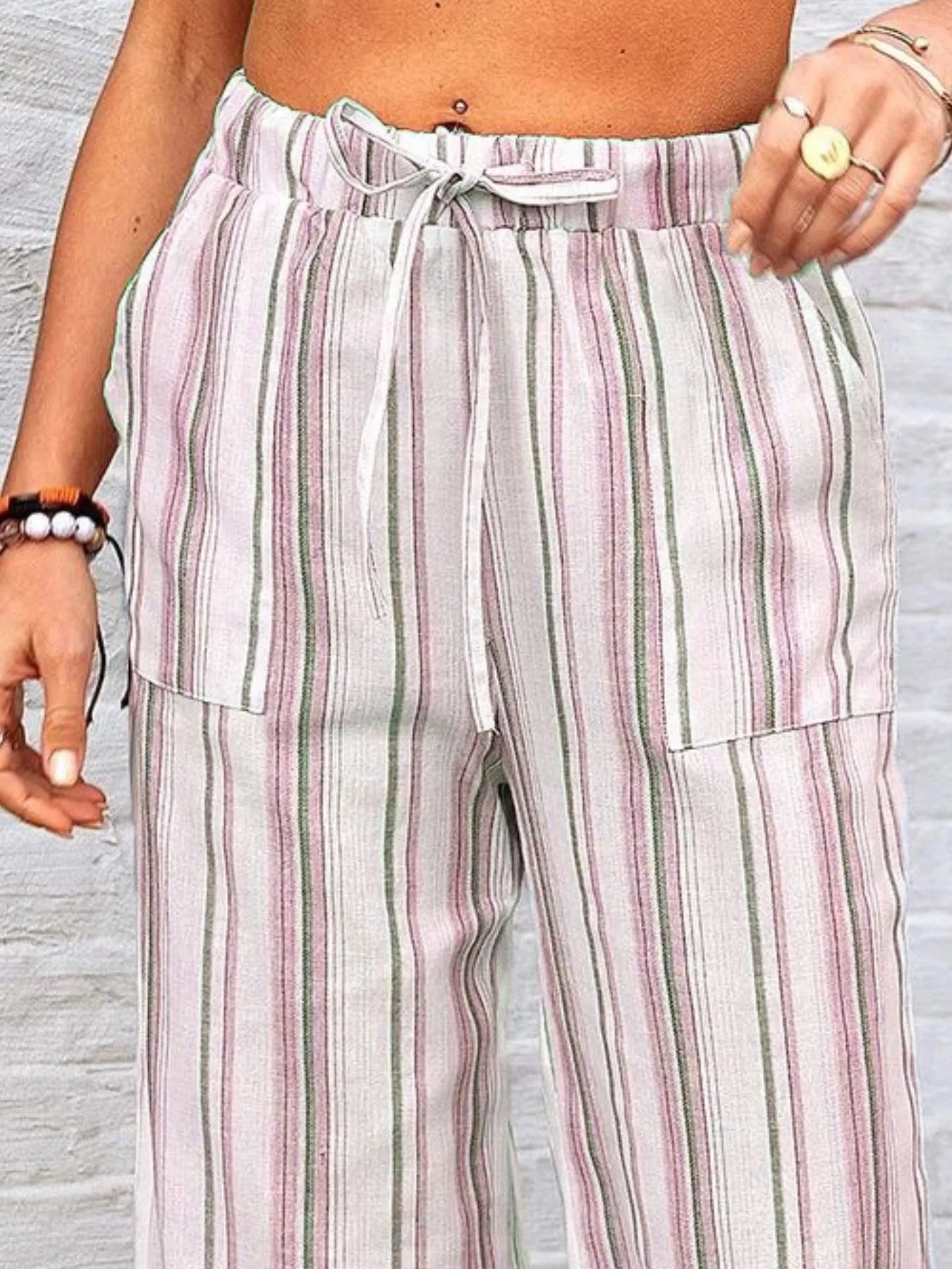 Full Size Striped Wide Leg Pants Plus Size - -