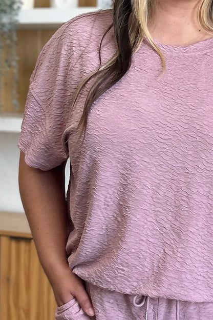 Double Take Full Size Texture Short Sleeve Top and Pants Set - -