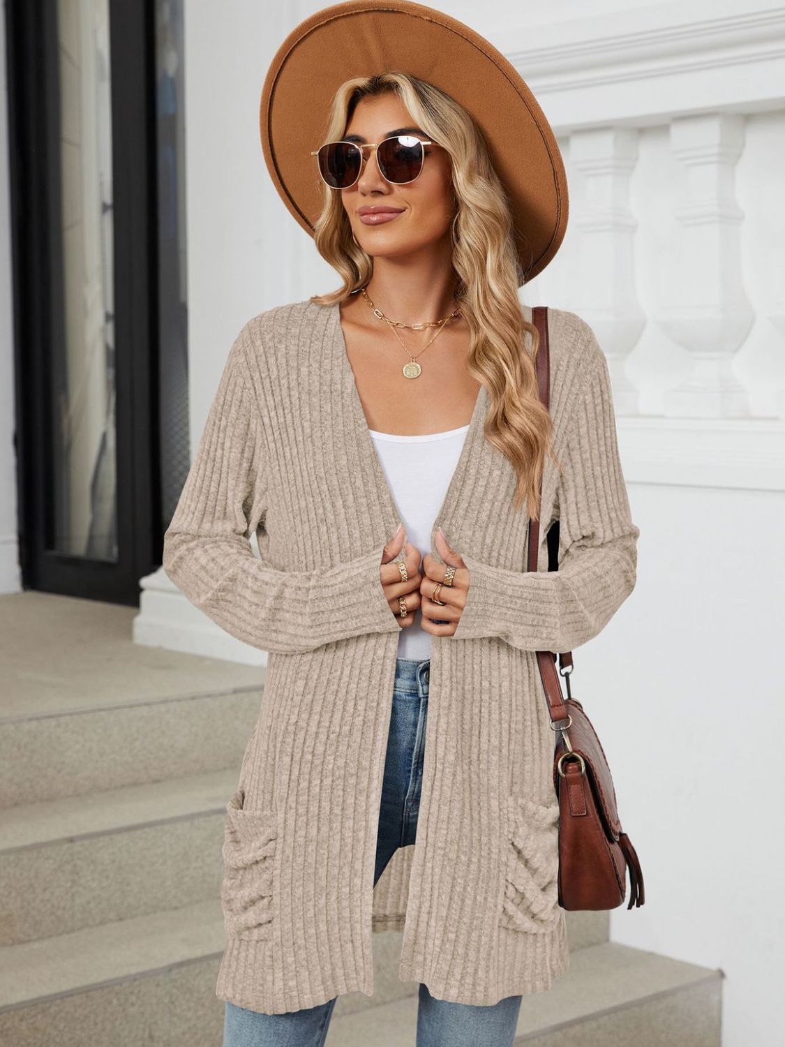 Pocketed Open Front Long Sleeve Cardigan - -