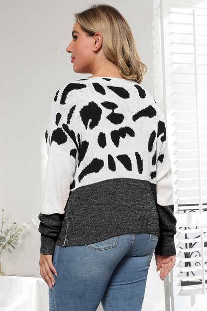 Plus Size Leopard Round Neck Long Sleeve Sweater - -