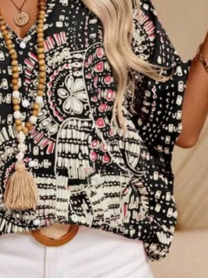 Printed V-Neck Half Sleeve Top - -