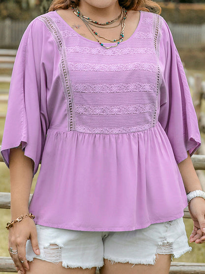 Plus Size Lace Detail Round Neck Three-Quarter Sleeve Blouse - -