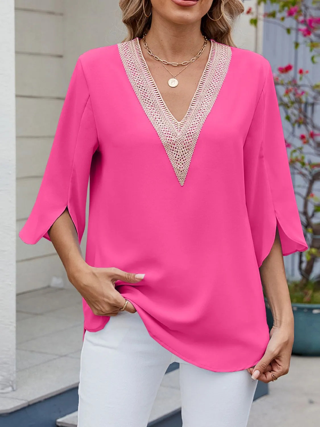 V-Neck 3/4 Sleeve Blouse - -