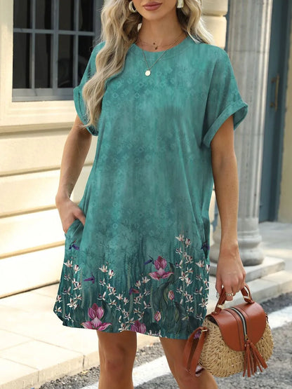 Printed Mini Dress – Pretty Round Neck Summer Chique - -