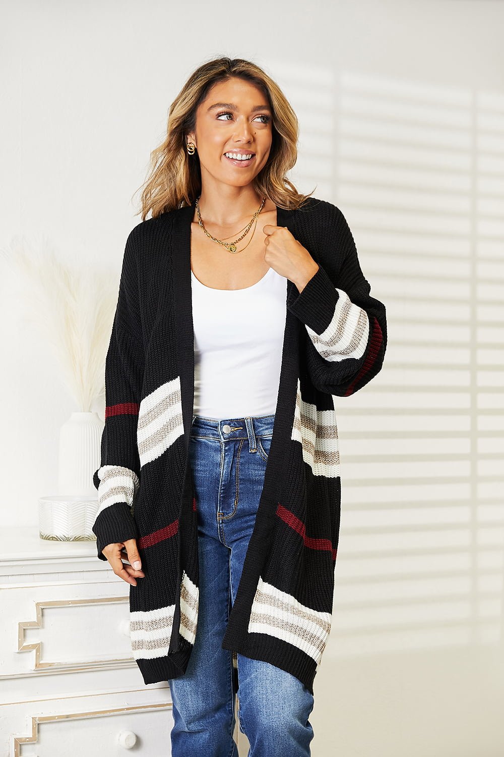 Perfee Striped Rib - Knit Drop Shoulder Open Front Cardigan – | Shannon’s Chique Boutique