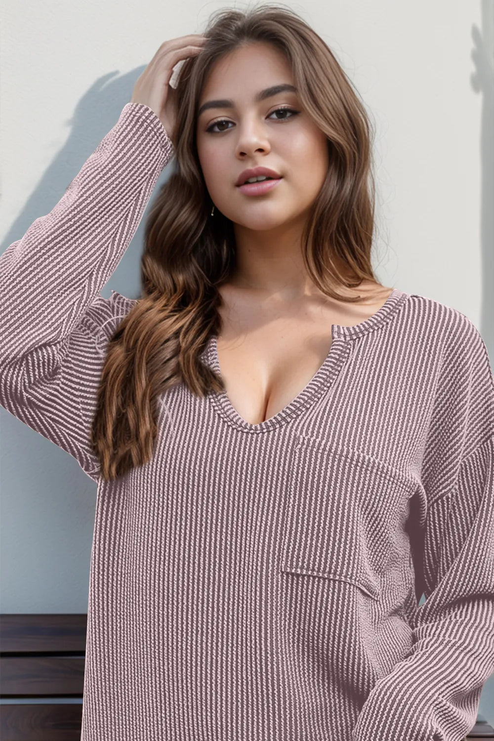 Double Take Striped Notched Long Sleeve T-Shirt - -