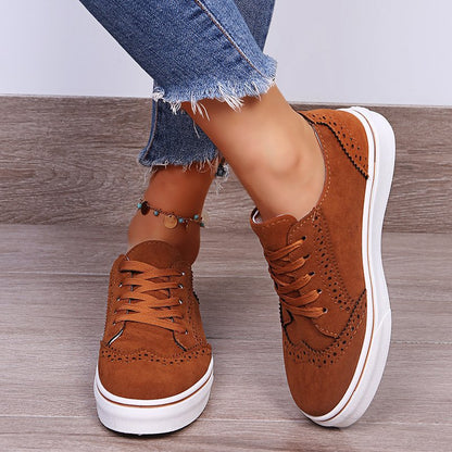 Lace-Up Suedette Flat Sneakers - Brown -