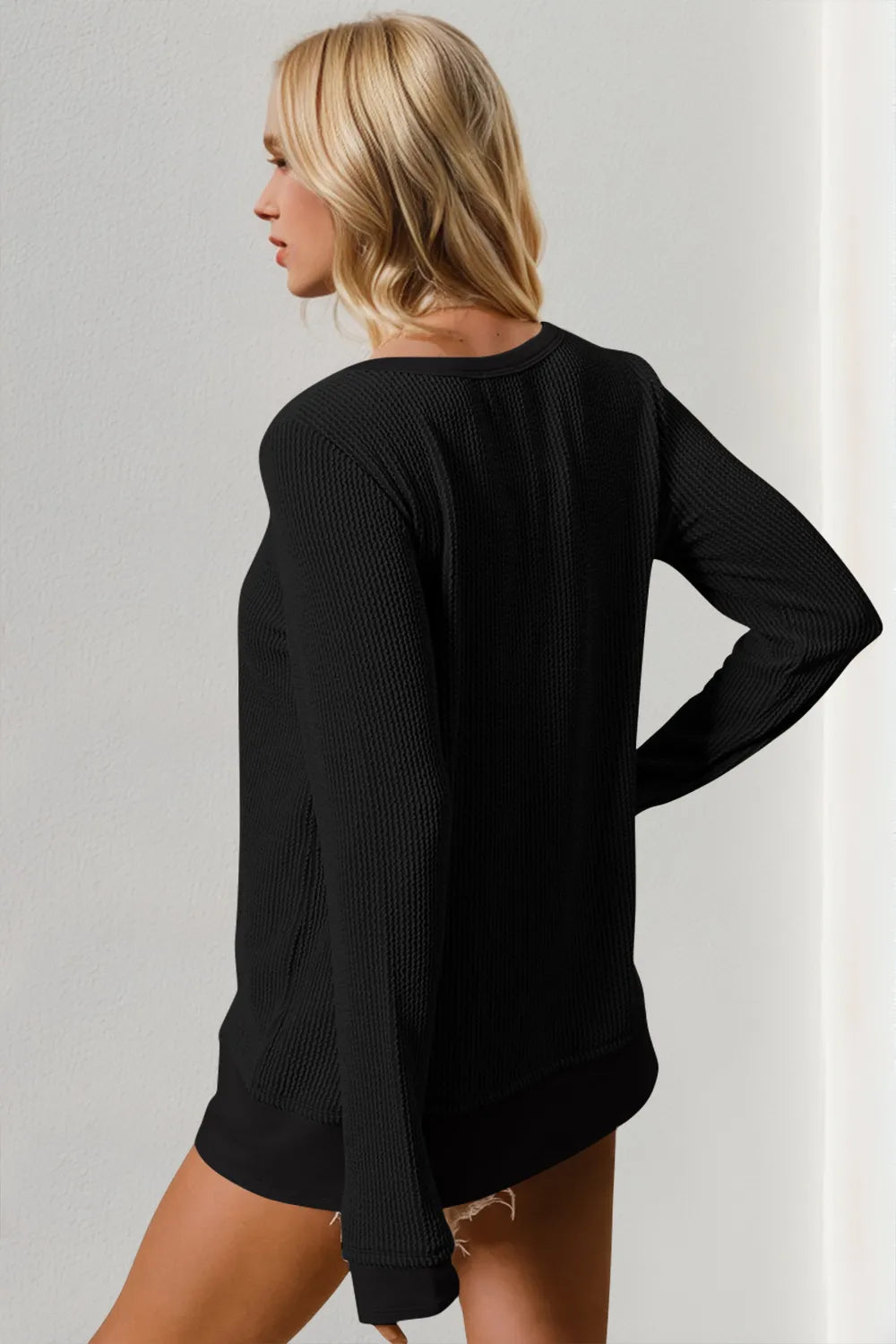 Double Take Corded Rib Thumbhole Cuff Round Neck T-Shirt - -
