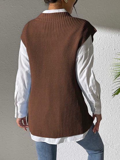 Flower V-Neck Sweater Vest - -