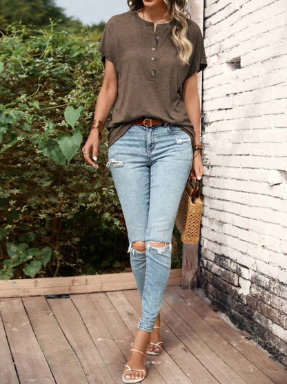 Half Button Short Sleeve Top - -