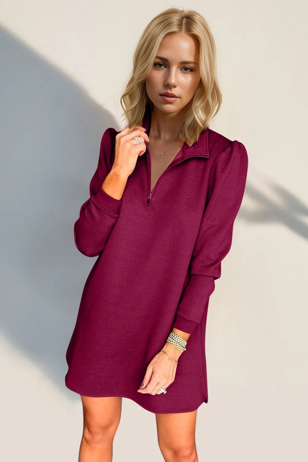 Double Take Textured Quarter Zip Long Sleeve Dress - -