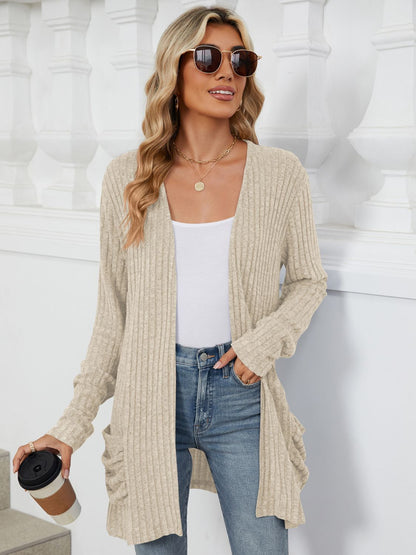 Pocketed Open Front Long Sleeve Cardigan - Beige -
