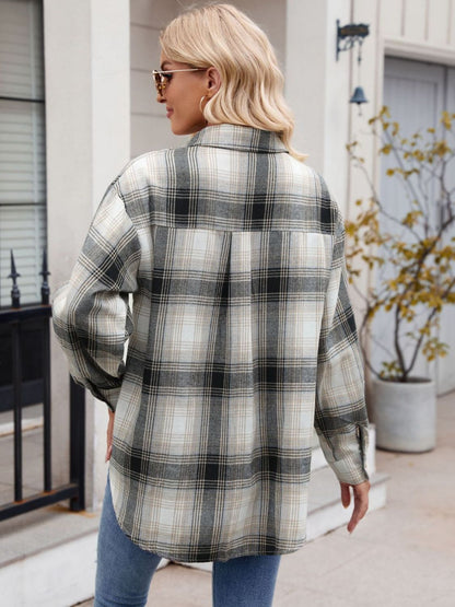 Mandy Plaid Collared Neck Long Sleeve Shirt - -