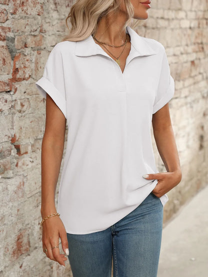 Ruched Round Neck Short Sleeve Top – Pretty Chique Women’s Summer Blouse - -