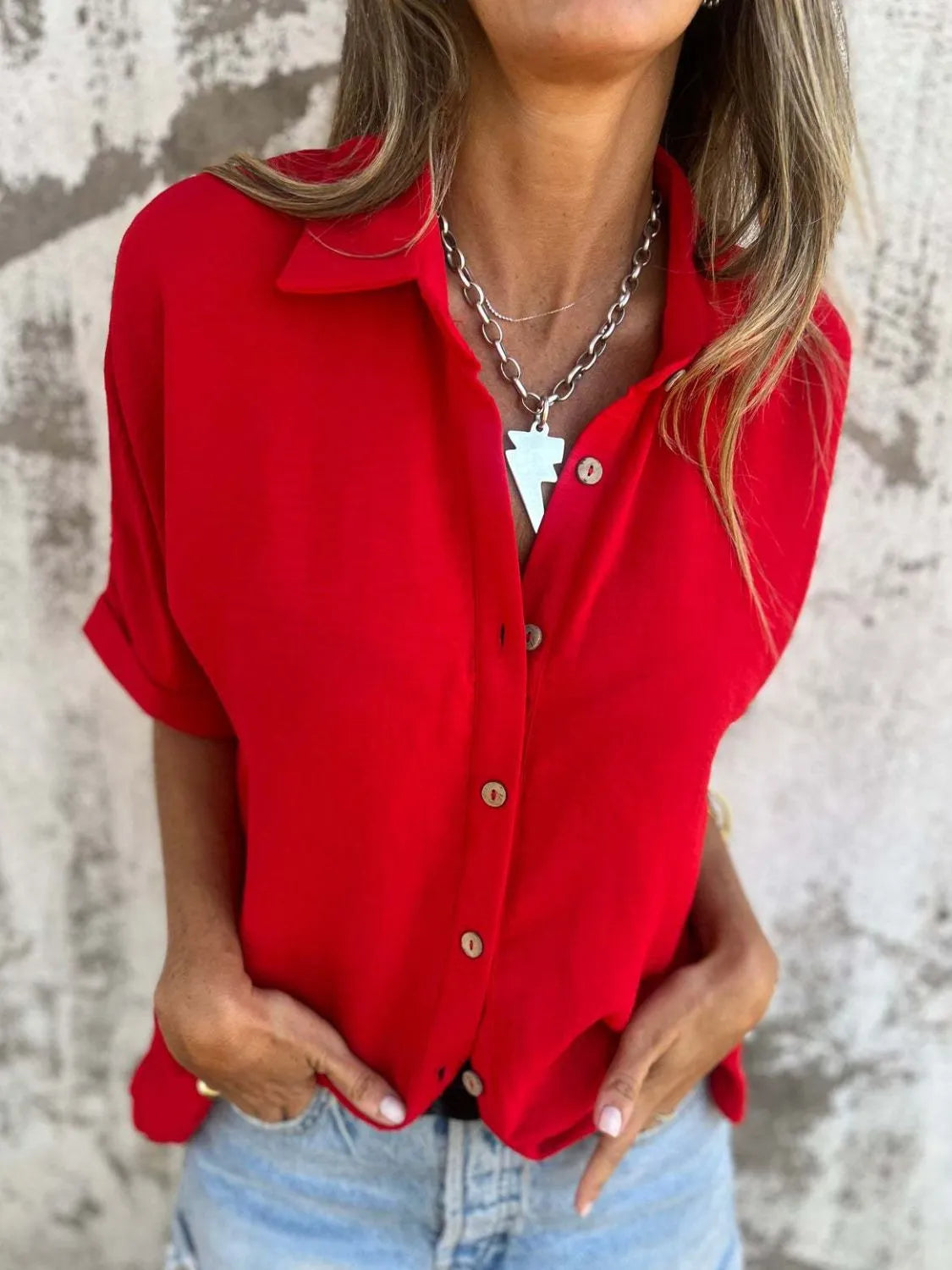 Full Size Collared Neck Half Sleeve Shirt Plus Size - Scarlet -