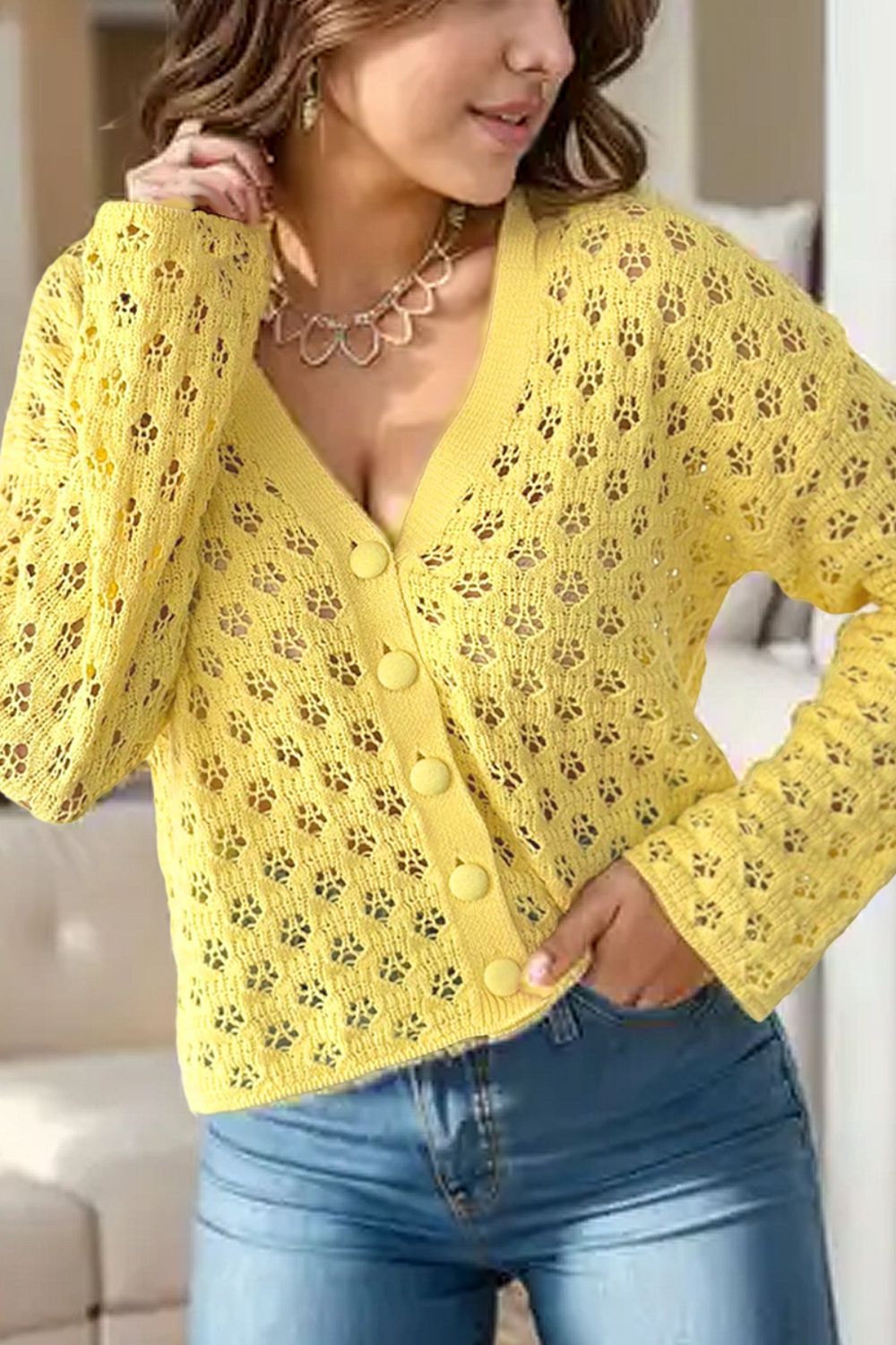 Openwork V-Neck Long Sleeve Cardigan - Yellow -