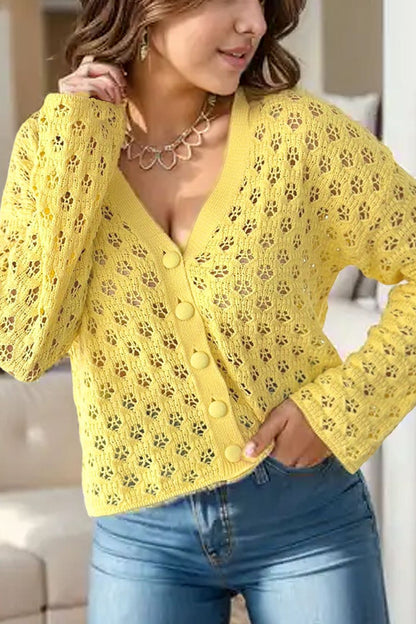 Openwork V-Neck Long Sleeve Cardigan - Yellow -