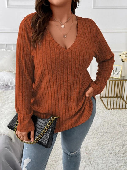 Plus Size V-Neck Long Sleeve T-Shirt - Caramel -