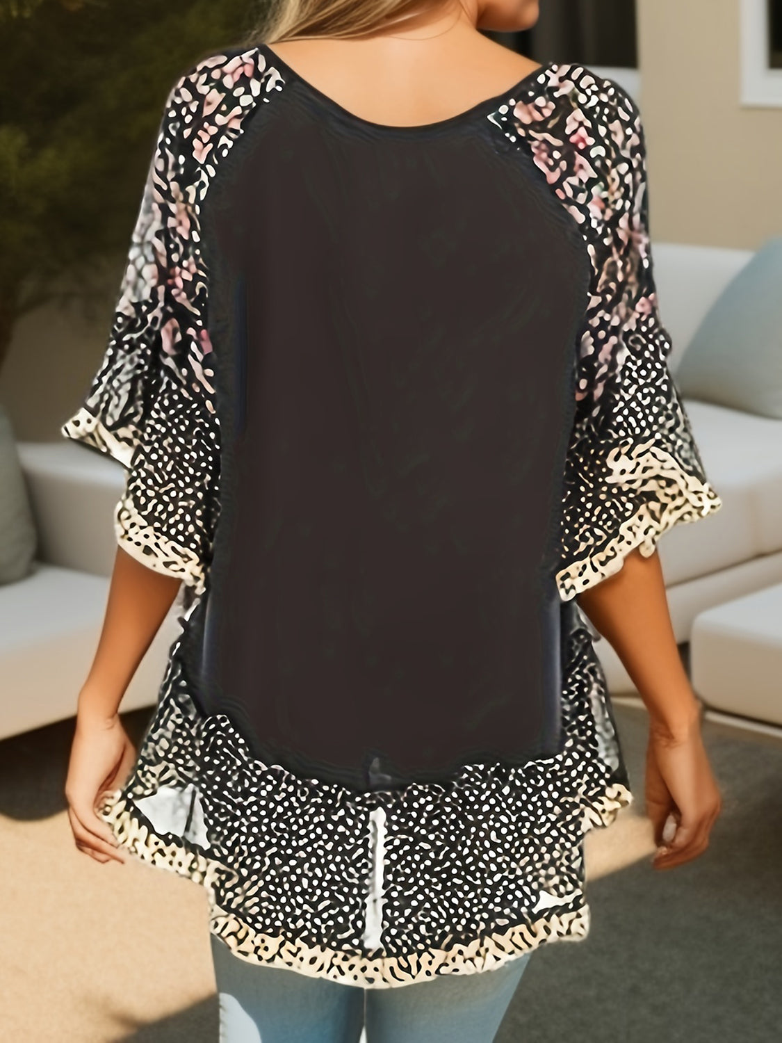 Full Size Frill Printed Round Neck Half Sleeve Blouse