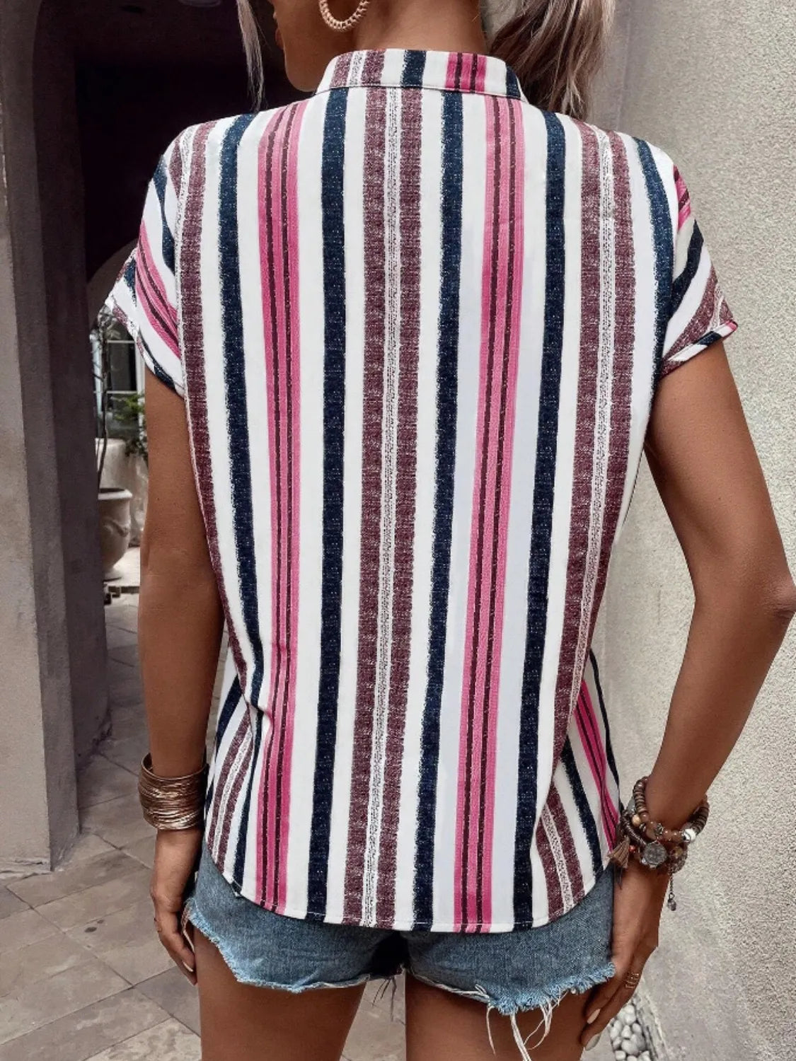Striped Notched Short Sleeve Shirt - -
