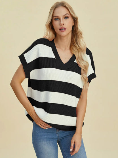 Double Take Full Size Striped V-Neck Short Sleeve Sweater - -