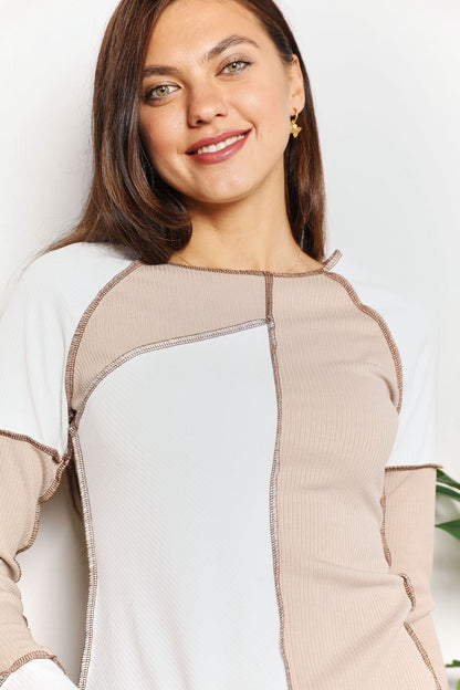 Double Take Color Block Exposed Seam Top - -