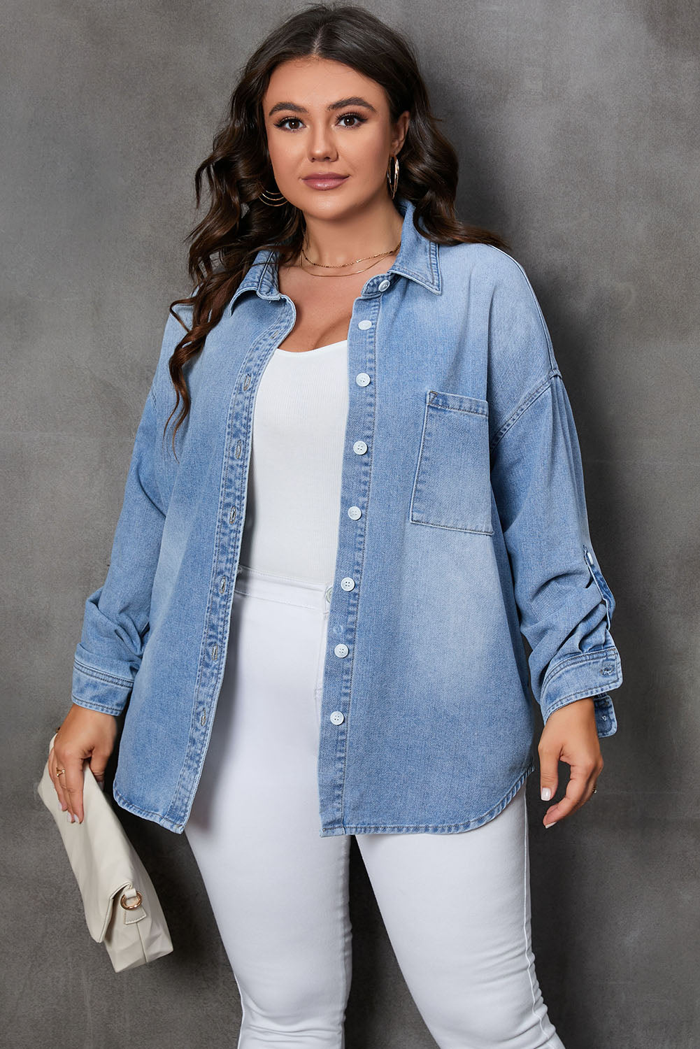 Plus Size Button Up Pocketed Denim Top - -