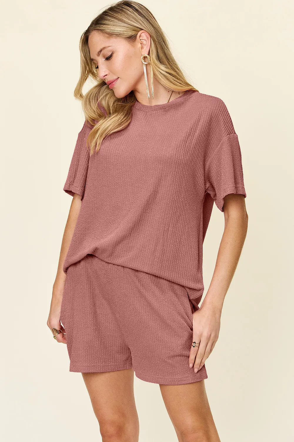 Double Take Full Size Round Neck Short Sleeve T-Shirt and Shorts Set - -