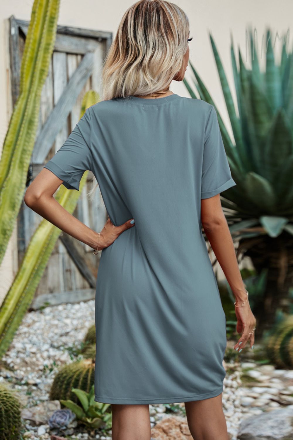 Shiny Twisted V-Neck Short Sleeve Dress - -