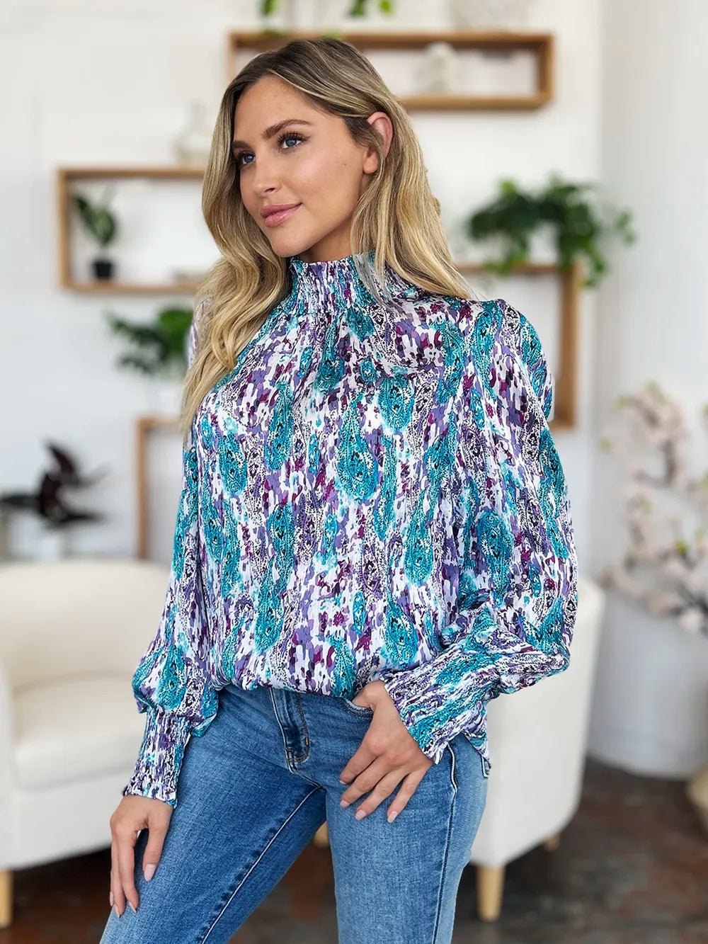 Double Take Full Size Printed Smocked Long Sleeve Blouse - -