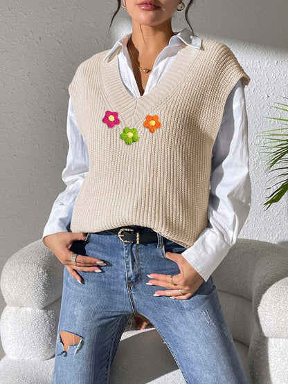 Flower V-Neck Sweater Vest - -