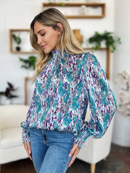 Double Take Full Size Printed Smocked Long Sleeve Blouse - -